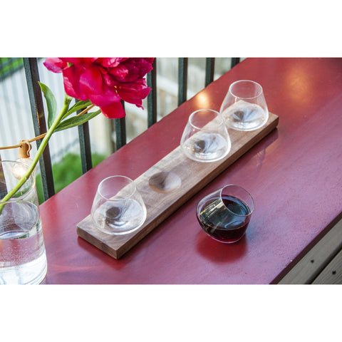 Flight of four 5 oz glasses for when you need just a tad bit on walnut wood stand