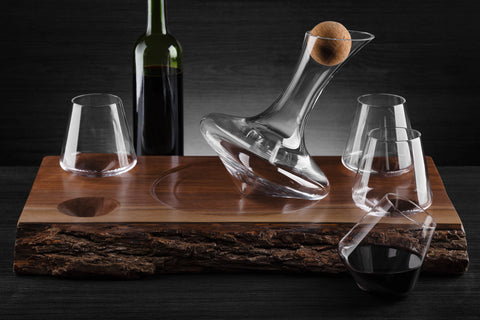 J.R Foursome Live Edge JR Wine Decanter & 4 Revolving 12oz Wine Glasses with Live Edge Walnut Serving Tray