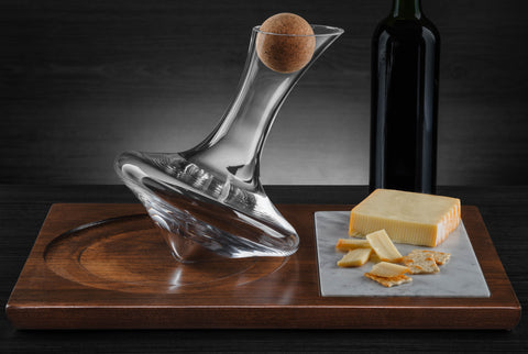 J.R Charcuterie JR Wine Decanter on Walnut Finished Stand with Marble Charcuterie Board