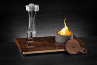 Ultimate S'mores Kit - Concrete Firepit, Wood Snuffer, 6 Skewers, Skewers Glass, and Wood Tray.