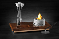 Flaming S'mores Kit - Ceramic Firepit with metal insert for fuel., Metal Snuffer, 6 Skewers, Skewers Glass, and Wood Tray.