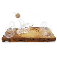 JR Foursome barnwood JR Decanter and Four 12oz Glasses with Barn Wood Service Tray
