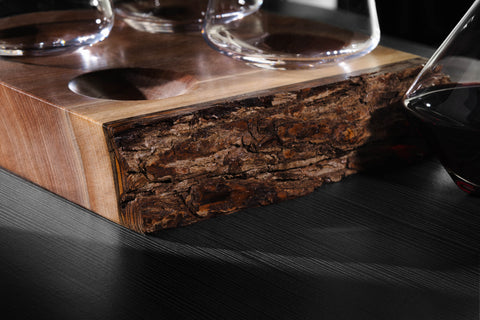 Swoon Glasses on Live Edge Walnut Wood Stand