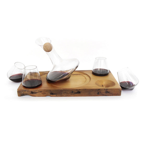 JR Foursome barnwood JR Decanter and Four 12oz Glasses with Barn Wood Service Tray