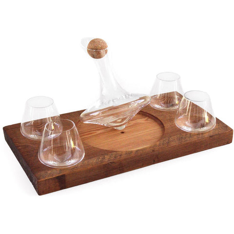 Set of four 5 oz Revolving Tad Glasses, a 375 mL Tad Decanter, and a re-purposed barn wood base for when you want just a tad bit with some to share.