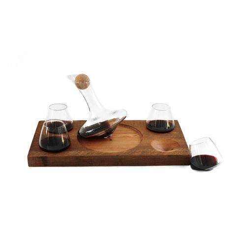 Set of four 5 oz Revolving Tad Glasses, a 375 mL Tad Decanter, and a re-purposed barn wood base for when you want just a tad bit with some to share.