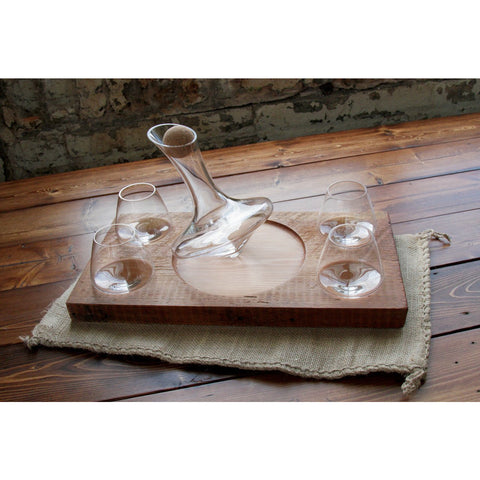 Set of four 5 oz Revolving Tad Glasses, a 375 mL Tad Decanter, and a re-purposed barn wood base for when you want just a tad bit with some to share.